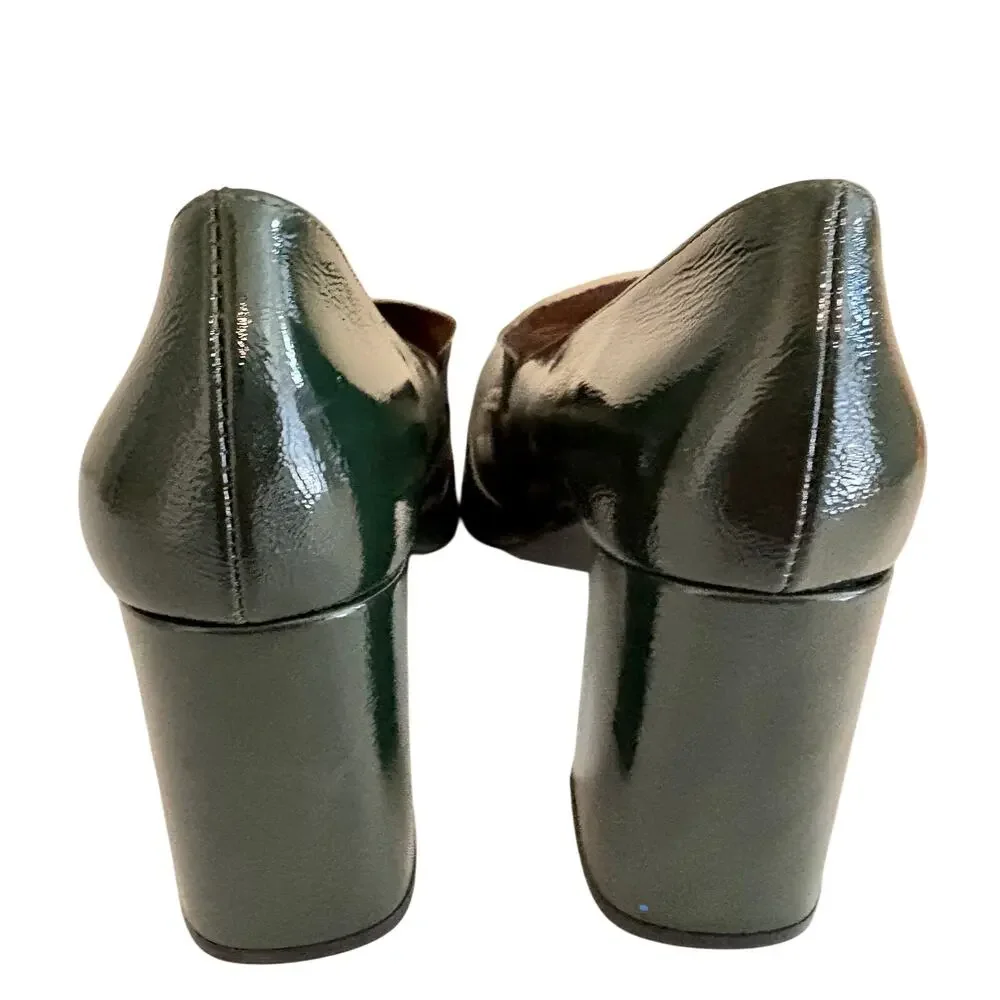 NWT Wonders Spain Forest Green Shiny Leather Penny Loafers Pumps Block Heel